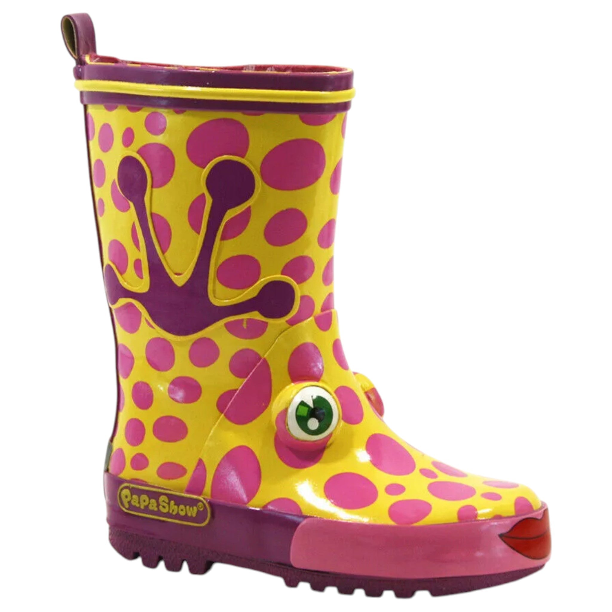 Kids’ yellow giraffe wellies with pink spots and 3D eyes, waterproof animal rain boots with fun design easy pull on handles